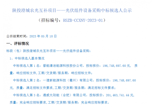 最低1.61元/W！這些企業(yè)擬中標(biāo)陜投澄城農(nóng)光互補項目組件采購